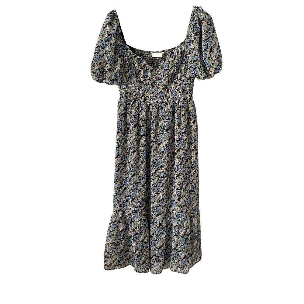 ASTR The Label Womens Blue Floral Sweetheart Neck V Wire‎ Midi Dress Sz large